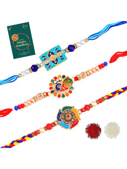 Estele - Gold-Plated Multicolor Gehena Rakhis with Roli Chawal and Greeting Card