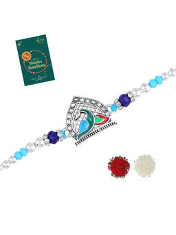 Estele - Rhodium Plated Multicolor Enamel Gehena Rakhi with Roli Chawal & Greeting Card