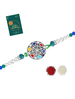 Estele - Silver Oxidized Plated Multicolor Gehena Rakhi with Roli Chawal & Greeting Card