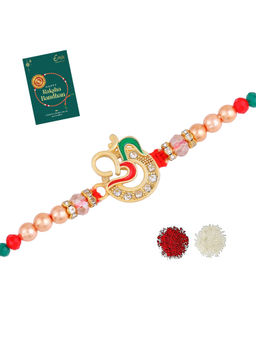 Estele - Gold-Plated Multicolor Enamel Om Gehena Rakhi with Roli Chawal & Greeting Card