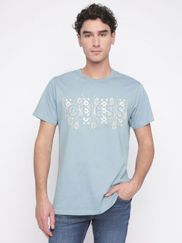 Guess - Men Blue Embroidered T-Shirt