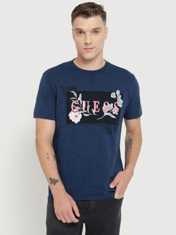 Guess - Men Navy Blue Printed T-Shirt