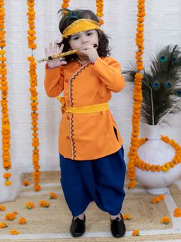 BownBee - Cotton Orange Kurta Dhoti With Mukut Belt & Bansuri Kanhaiya (Set of 5)