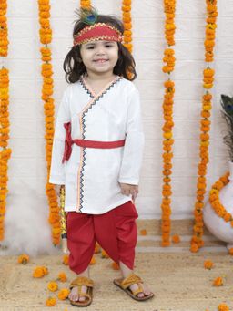 BownBee - Cotton White Kurta Dhoti With Mukut Belt & Bansuri Kanhaiya (Set of 5)