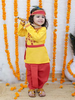 BownBee - Embroidered Yellow Kurta Dhoti With Mukut Belt & Bansuri Kanhaiya (Set of 5)