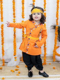 BownBee - Embroidered Orange Kurta Dhoti With Mukut Belt & Bansuri Kanhaiya (Set of 5)