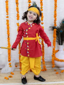 BownBee - Embroidered Red Kurta Dhoti With Mukut Belt & Bansuri Kanhaiya (Set of 5)