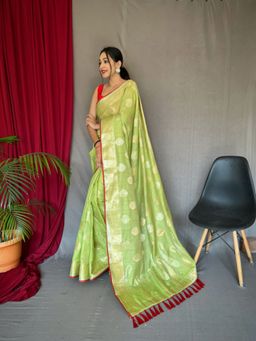 EXCLUSIVA - Green Woven Cotton Linen Saree with Unstitched Blouse