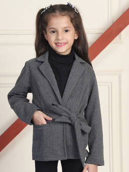 Mini & Ming - Girl's Grey Solid Winter Coat with Belt (Set of 2)