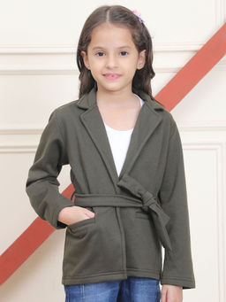 Mini & Ming - Girl's Olive Solid Winter Coat with Belt (Set of 2)