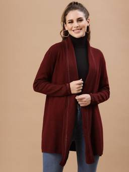 Mafadeny - Women Solid Long Sleeves Shawl Lapel Viscose Maroon Winter Shrug