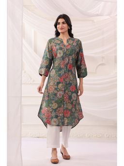 SAVI - Green Poly Silk Floral Printed A-Line Kurta