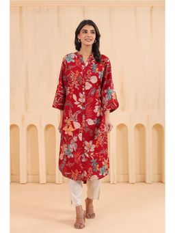 SAVI - Maroon Poly Silk Floral Printed Kurta