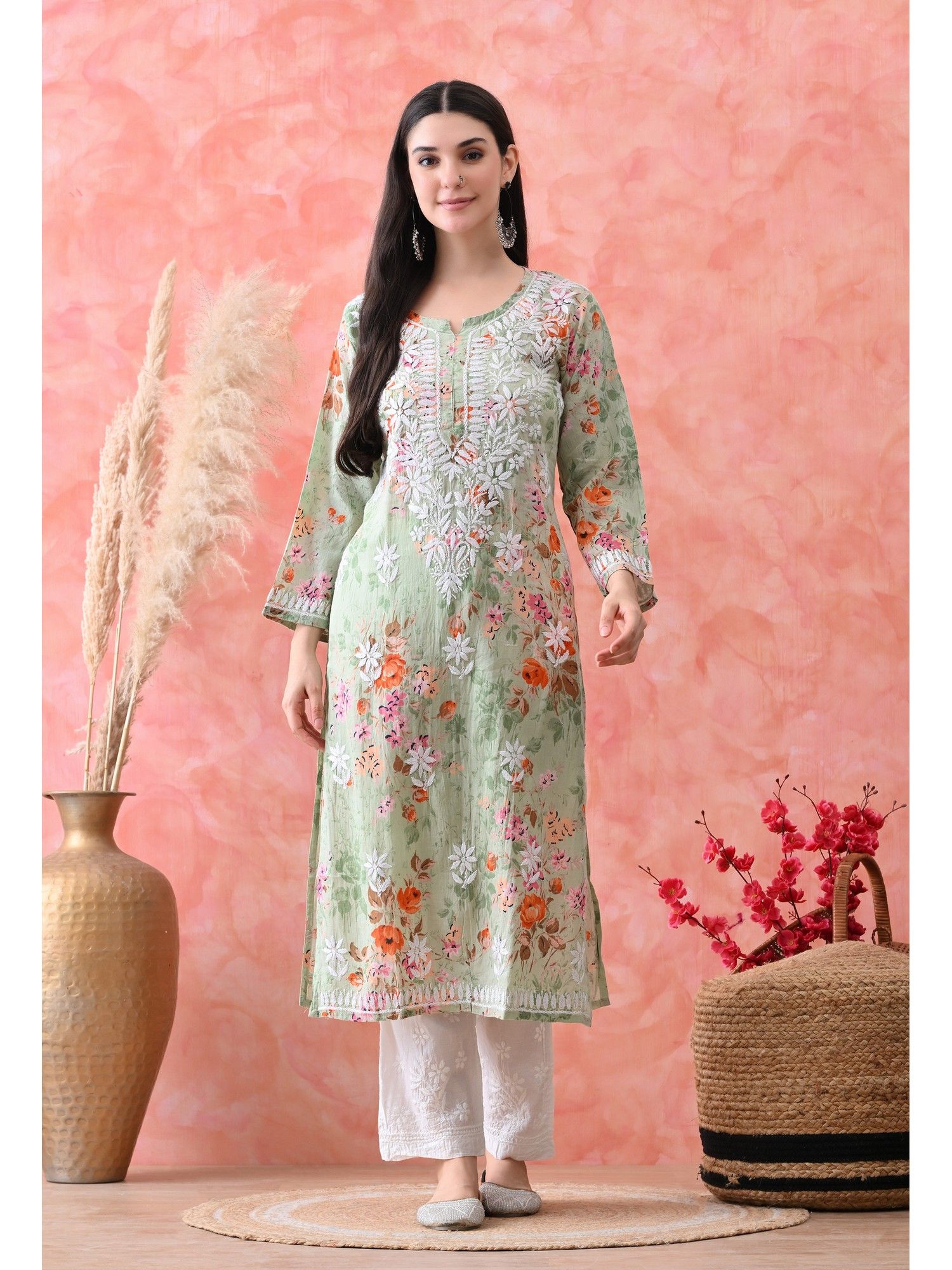 syrish Green Hand Embroidered Chikankari Mulmul Floral Print Kurta-picture-35