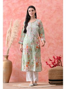 SYRISH - Green Hand Embroidered Chikankari Mulmul Floral Print Kurta