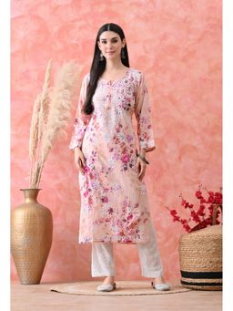 SYRISH - Peach Hand Embroidered Chikankari Mulmul Floral Print Kurta