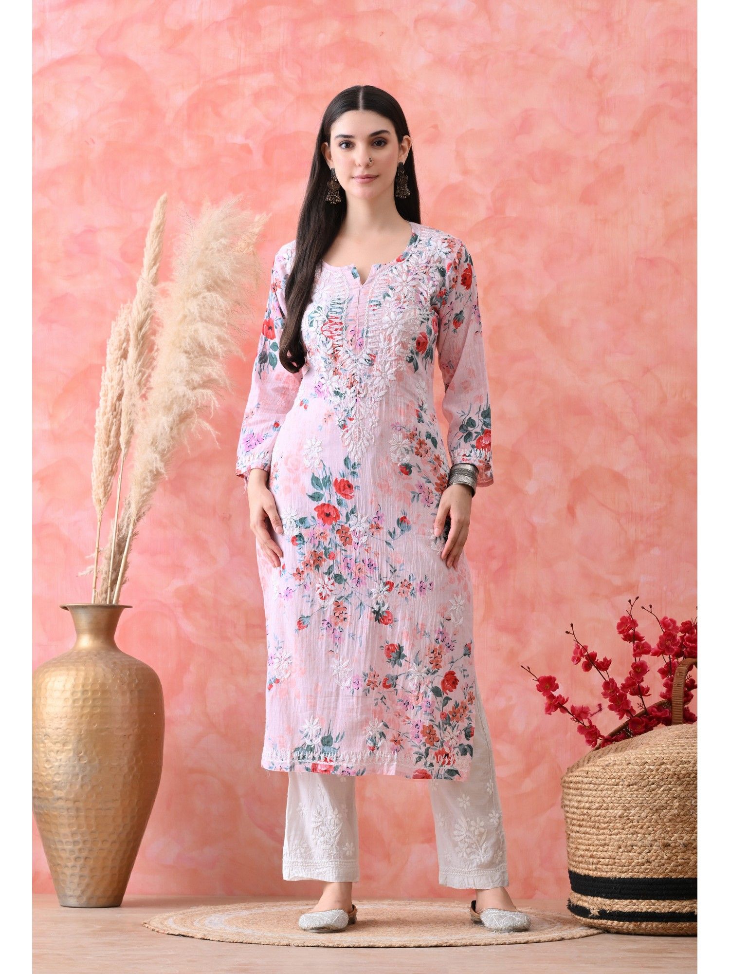 syrish Pink Hand Embroidered Chikankari Mulmul Floral Print Kurta-picture-18