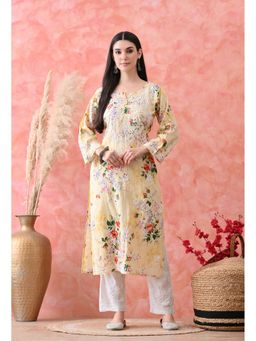 SYRISH - Yellow Hand Embroidered Chikankari Mulmul Floral Print Kurta
