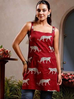 SAK JAIPUR - Red Women Rayon Printed Shoulder Strap Neck Straight Kurta