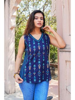 SAK JAIPUR - Navy Blue Women Rayon Printed Straight Kurti