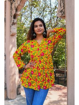 SAK JAIPUR - Mustard Women Rayon Printed Full Sleeves V-Neck Hip Length Flared Kurti