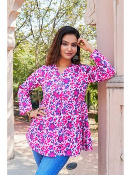 SAK JAIPUR - Pink Women Rayon Printed Full Sleeves V-Neck Hip Length Flared Kurti