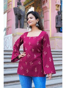 SAK JAIPUR - Pink Women Rayon Printed Full Sleeves Square Neck Hip Length Straight Kurti
