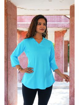 SAK JAIPUR - Turquoise Women Rayon Printed 3/4 Sleeves V-Neck Hip Length Straight Kurti