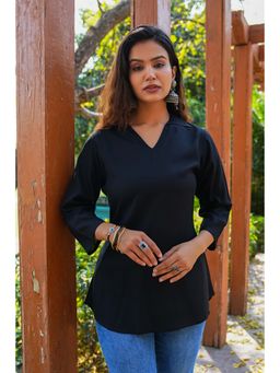 SAK JAIPUR - Black Women Rayon Printed Collar NeckHip Length Straight Kurti