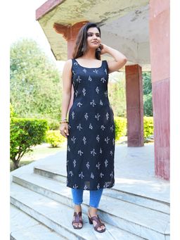 SAK JAIPUR - Black Women Rayon Printed Sleeveless Calf Length Straight Kurti