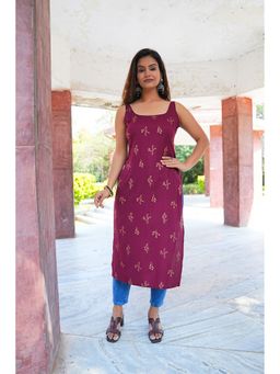 SAK JAIPUR - Magenta Women Rayon Printed Sleeveless Calf Length Straight Kurti