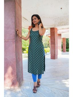 SAK JAIPUR - Green Women Rayon Printed Sleeveless Calf Length Straight Kurti