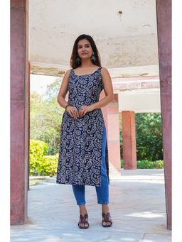 SAK JAIPUR - Navy Blue Women Rayon Printed Sleeveless Calf Length Straight Kurti