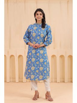 SAVI - Blue Cotton Printed Straight Kurta