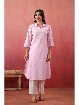 SAVI - Pink Cotton Embroidered Designer Kurta