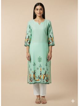 Silk Land - Green Women Casual Wear Rayon Blend Straight Digital Print Round Neck Kurta