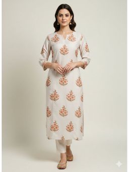 Silk Land - Cream Women Casual Wear Rayon Blend Straight Digital Print Round Neck Kurta