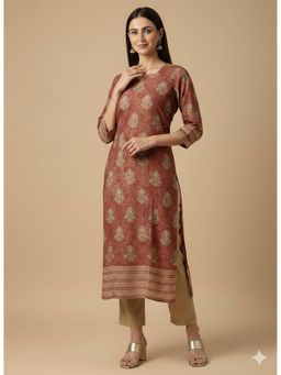 Silk Land - Brown Women Casual Wear Rayon Blend Straight Digital Print Round Neck Kurta