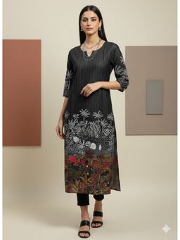 Silk Land - Black Women Casual Wear Rayon Blend Straight Digital Print Round Neck Kurta