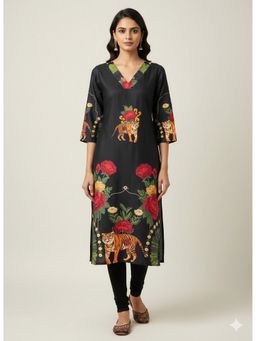 Silk Land - Black Women Casual Wear Rayon Blend Straight Digital Print Kurta