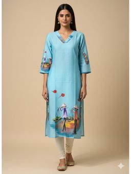 Silk Land - Blue Women Casual Wear Rayon Blend Straight Digital Print Kurta