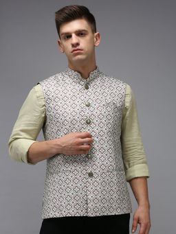 SHOWOFF - Men Printed Fluorescent Green Ethnic Nehru Jacket