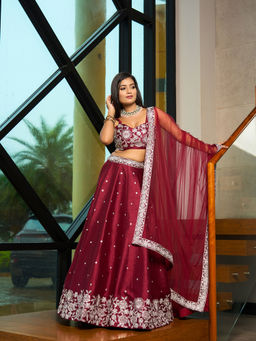 FLAHER - Women Maroon Embroidered Blouse with Lehenga & Dupatta (Set of 3)