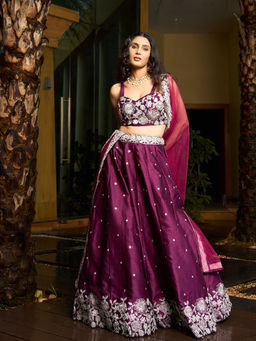 FLAHER - Women Purple Embroidered Blouse with Lehenga & Dupatta (Set of 3)