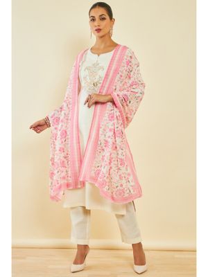 Black Silk Blend Kurta with Off White Geometric Embroidery main image 1