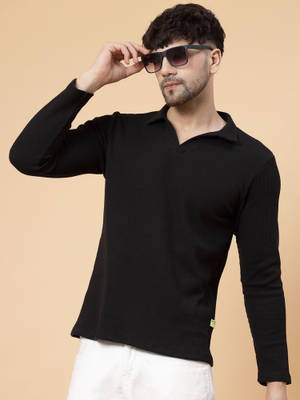 Buy RIGO Men Black Waffle Knit Polo T-Shirt (S) - Image 1