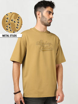 Bewakoof - Beige Lowkey Chilling Typography Oversized Interlock Cotton T-shirt