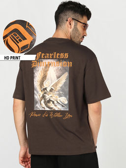 Bewakoof - Brown Fearless Graphic Printed Oversized Interlock Cotton T-shirt