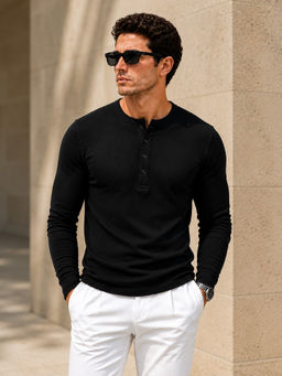 Perch - Black Waffle Henley Neck Full Sleeve T-Shirt