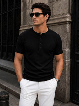 Perch - Black Waffle Henley Neck Half Sleeve T-Shirt